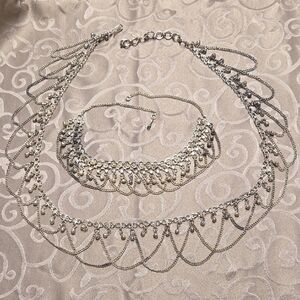 Women's Belly Dancing Belt And Necklace Silver With Medallions Adjustable